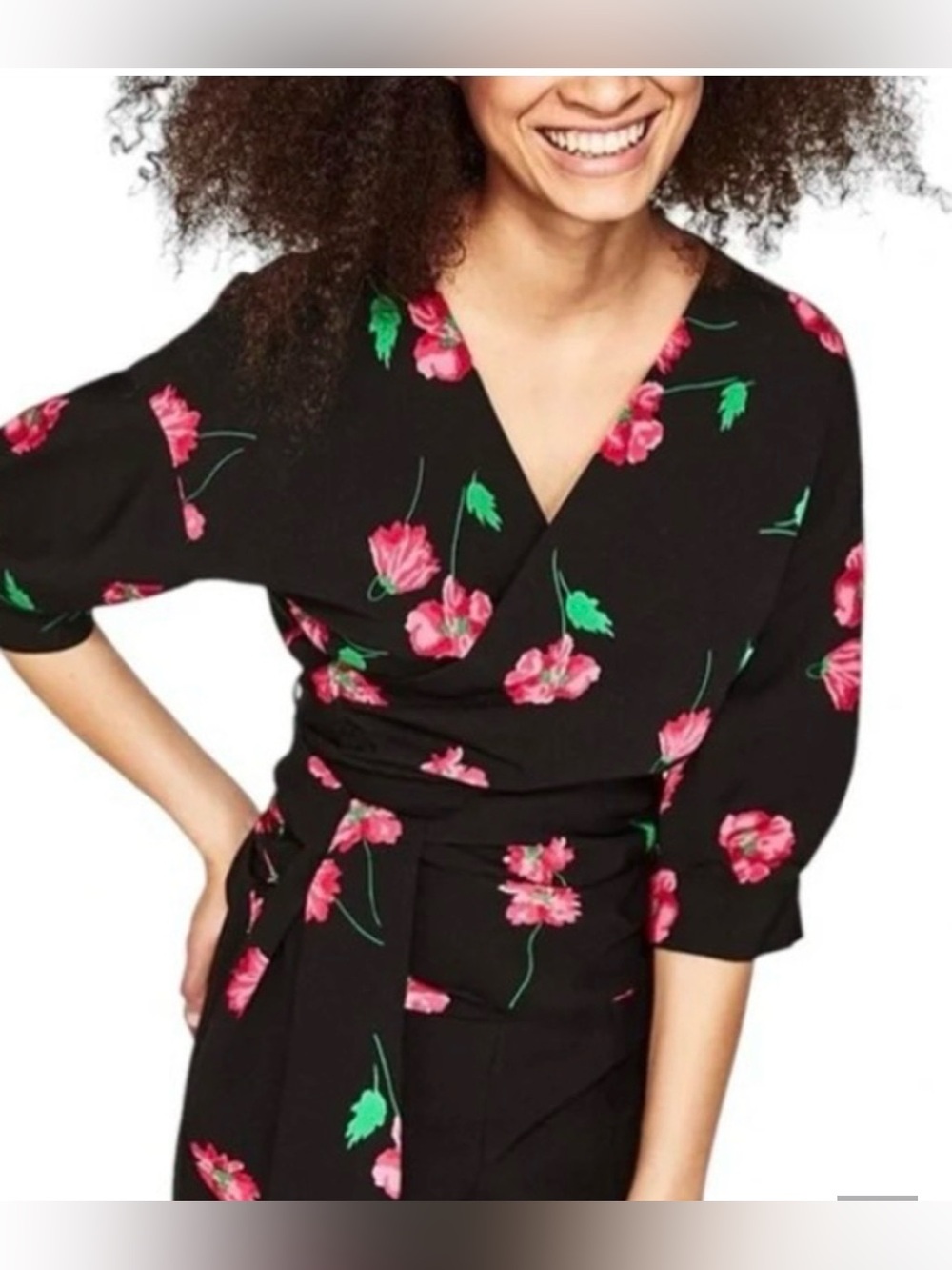 Zara Black Floral Wrap Blouse with Pink Flowers - Picture 2 of 5